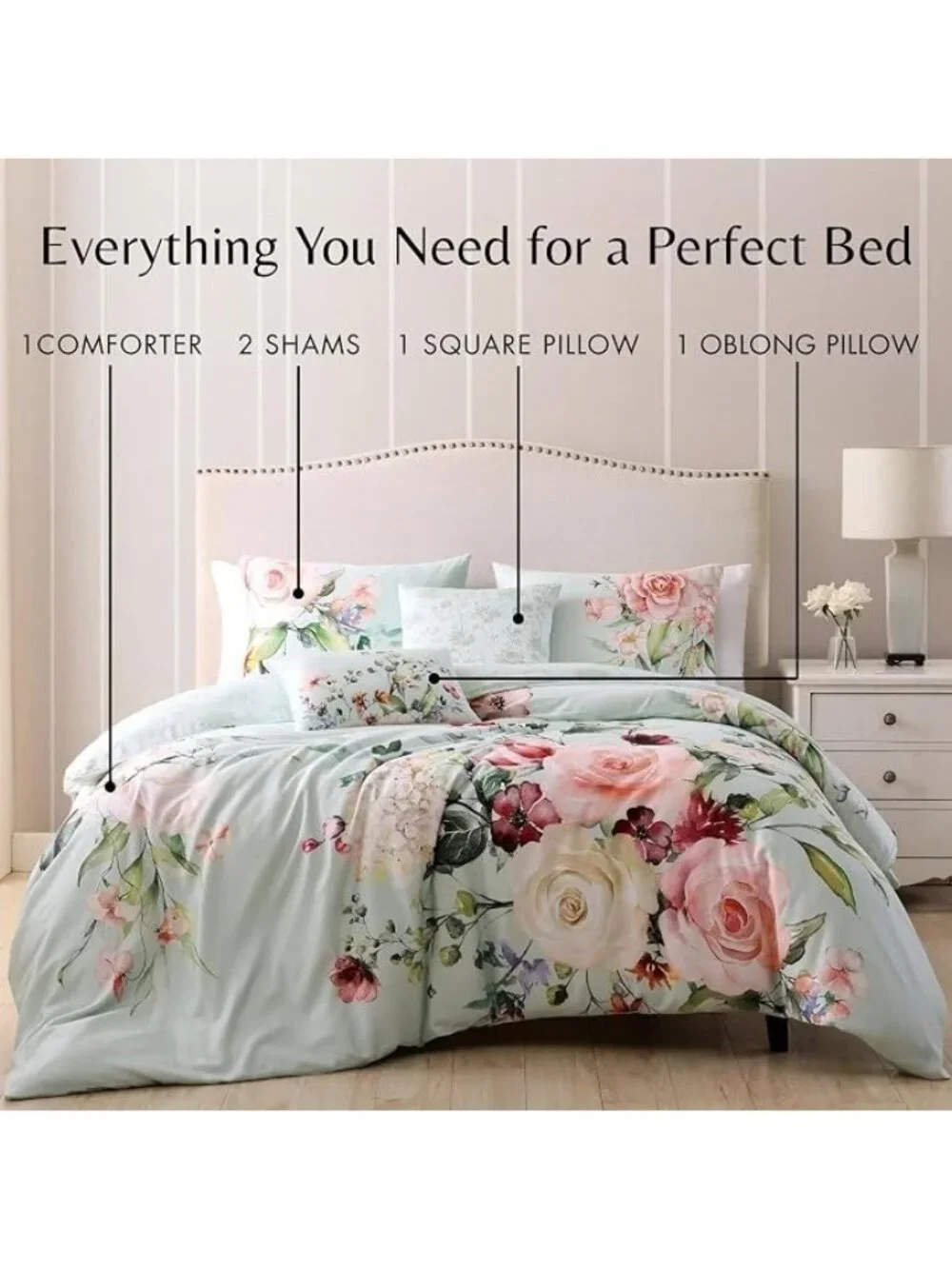 Bebejan Rose on Misty Green Queen 5-Piece Reversible Comforter Set NEW